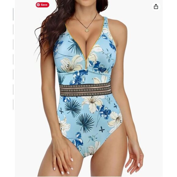 Floral Print One-Piece Swimsuit With Gold Trim & Mesh Detail Blue & White Small - Picture 1 of 6
